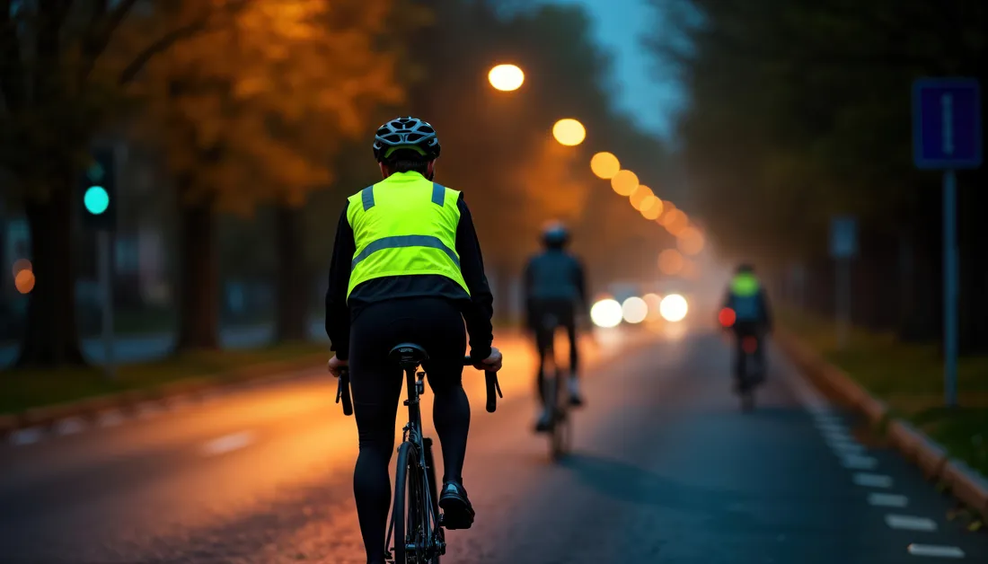 Ciclista con casco e giubbotto riflettente che pedala su una strada al crepuscolo con altri ciclisti e lampioni sullo sfondo