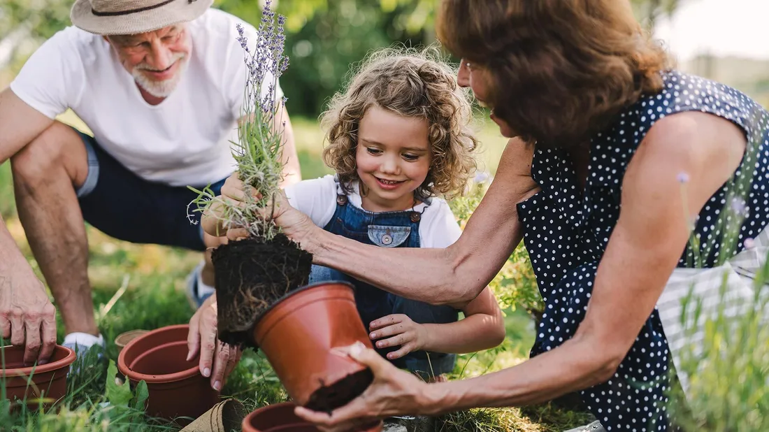 Ein Kind pflanzt mit zwei Erwachsenen in einem Garten. Die Erwachsene zeigt dem Kind, wie man eine Pflanze in einen Topf setzt.