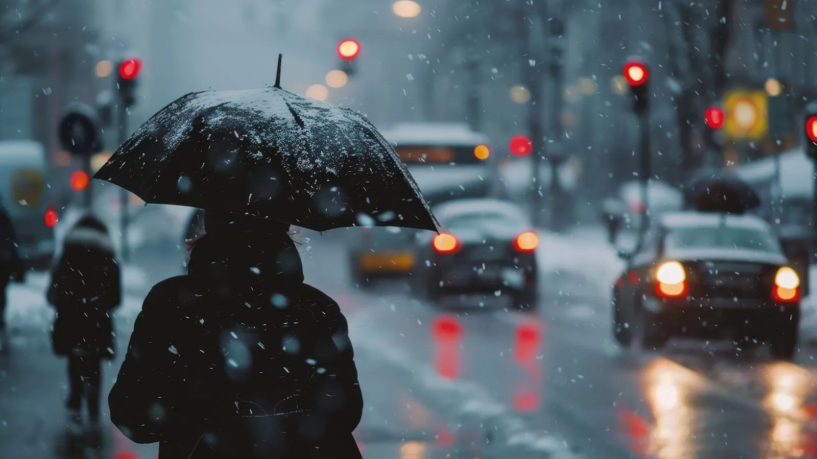 Passantin an trübem Wintertag auf dem Trottoir einer Strasse