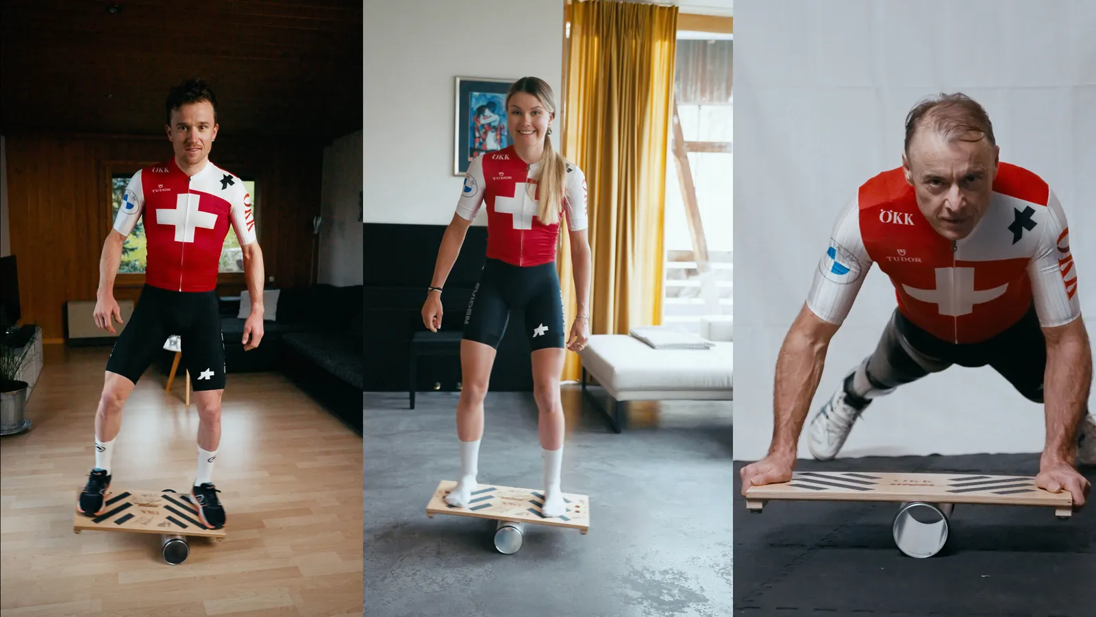 Mathias Flückiger, Roger Bolliger und Ginia Caluori auf dem Balance Board