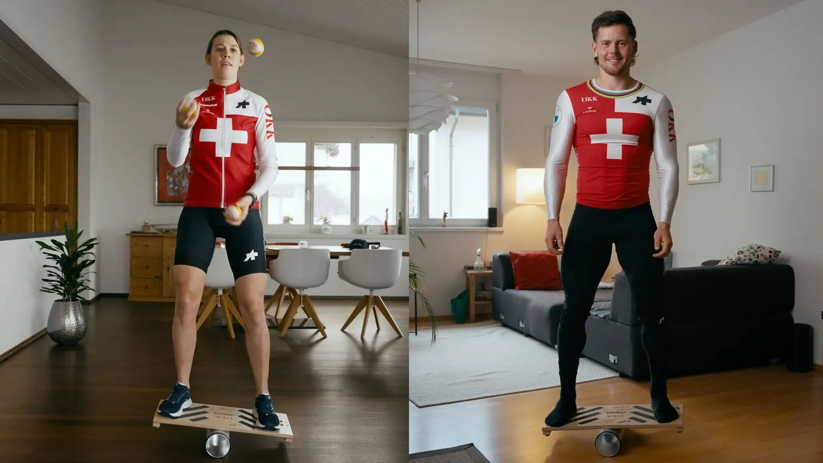 Alessandra Keller und Simon Marquart in rot-weißen Schweizer Radtrikots stehen in einem Wohnzimmer, beide lächelnd und sportlich gekleidet