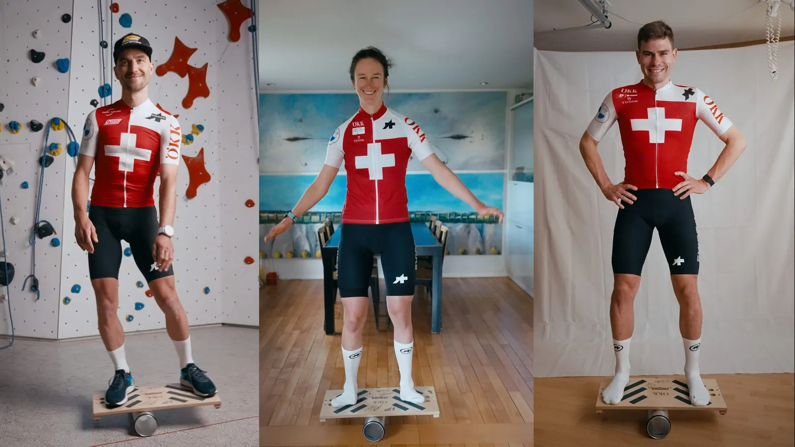 Nino Schurter, Stefan Bissegger und Flurina Rigling auf dem Balance Board.