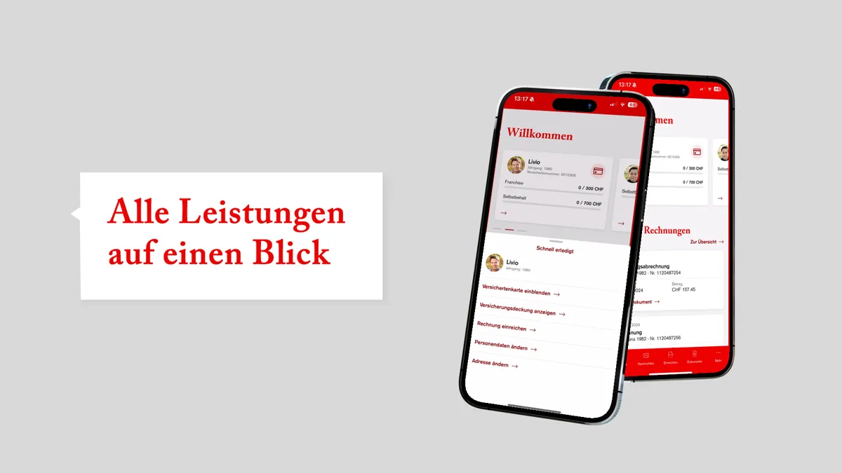 Smartphone mit geöffneter myÖKK-App, auf dem die Benutzeroberfläche mit persönlichen Versicherungsdaten und Navigationsmenü zu sehen ist.