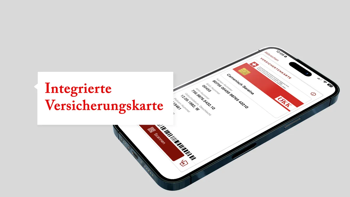 Smartphone mit geöffneter myÖKK-App, auf dem die Benutzeroberfläche mit der Versichertenkarte zu sehen ist.