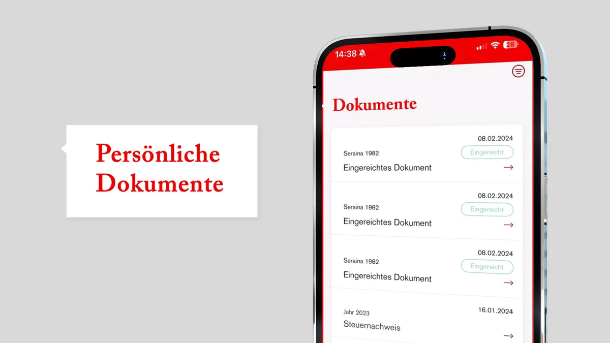 Smartphone mit geöffneter myÖKK-App, auf dem die Benutzeroberfläche mit persönlichen Versicherungsdaten und Navigationsmenü zu sehen ist.