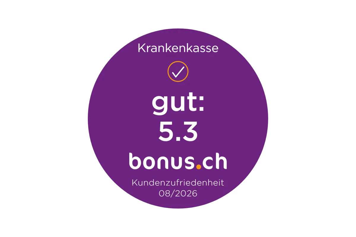 Rundes violettes Label zur Kundenzufriedenheit der Krankenkasse mit der Bewertung «gut: 5.3» von bonus.ch