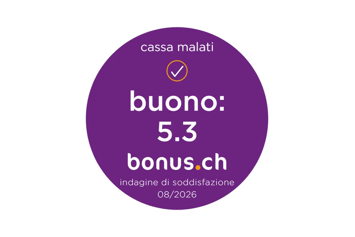 Etichetta rotonda viola sulla soddisfazione dei clienti della cassa malati con la valutazione «buono: 5.3» di bonus.ch