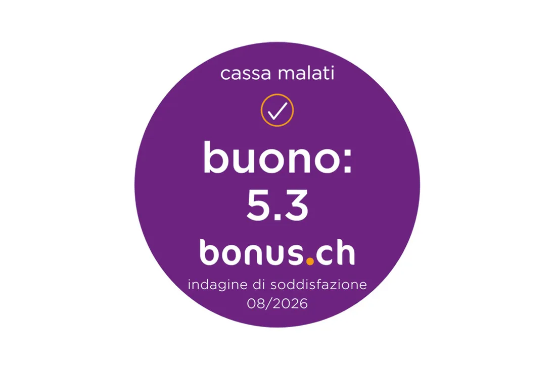 Etichetta rotonda viola sulla soddisfazione dei clienti della cassa malati con la valutazione «buono: 5.3» di bonus.ch