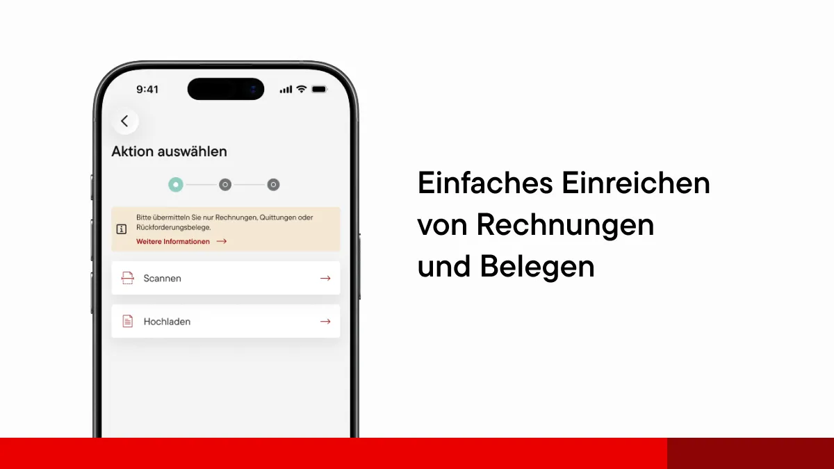 Smartphone mit der myÖKK App, über die Rechnungen und Belege einfach per Scan oder Upload eingereicht werden können.