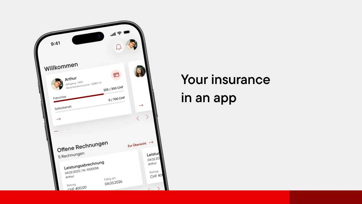 Smartphone displaying the myÖKK app with insurance information, deductible status and open invoices in a clear, easy-to-use interface.
