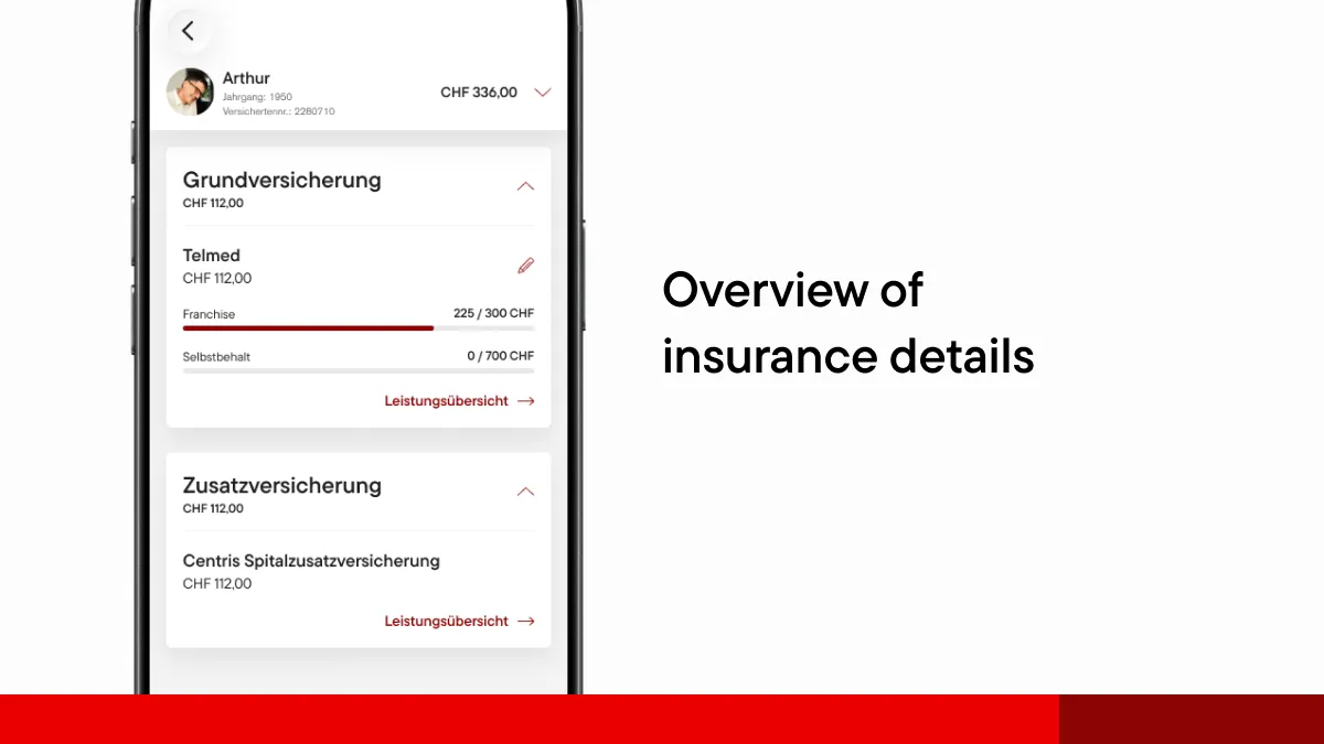 Smartphone displaying the myÖKK app with insurance information, deductible status and open invoices in a clear, easy-to-use interface.