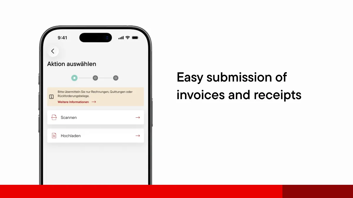 Smartphone displaying the myÖKK app with insurance information, deductible status and open invoices in a clear, easy-to-use interface.