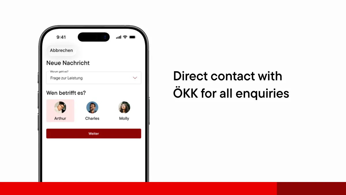 Smartphone displaying the myÖKK app with insurance information, deductible status and open invoices in a clear, easy-to-use interface.