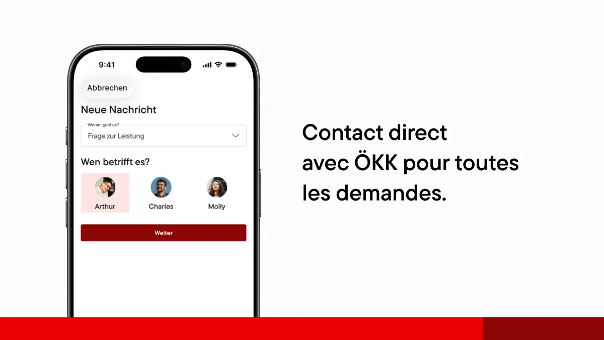 Smartphone affichant l’application myÖKK avec les informations d’assurance, la franchise et les factures ouvertes réunies dans une interface claire.