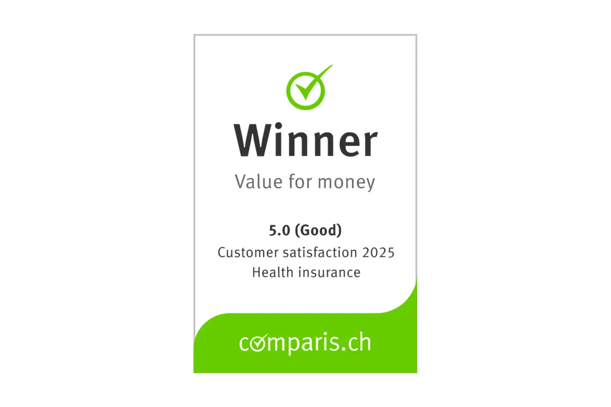 Comparis Winner Value for money: 5.0 (Good), Customer satisfaction 2025, health insurance