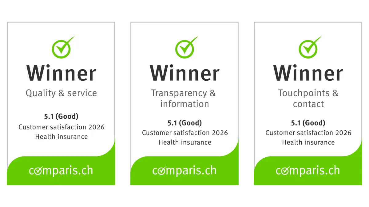 Three Comparis “Winner” badges for 2026 health insurance with a rating of 5.1 (good) in Quality & Service, Information & Transparency, and Touchpoints & Contact.
