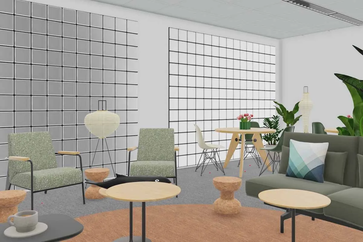 Modern gestalteter Aufenthalts- und Arbeitsbereich mit bequemen Sesseln, Sofas, Pflanzen und runden Tischen – ein Raum, der flexible Zusammenarbeit und Erholung ermöglicht.