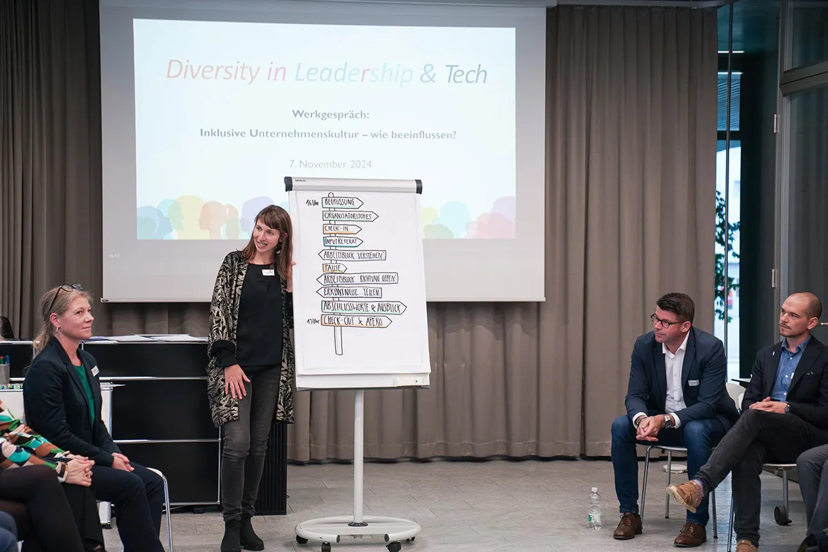 Frau präsentiert vor Flipchart mit Wegweiser-Symbolen in einem Workshop, umgeben von sitzenden Teilnehmern in einem Konferenzraum