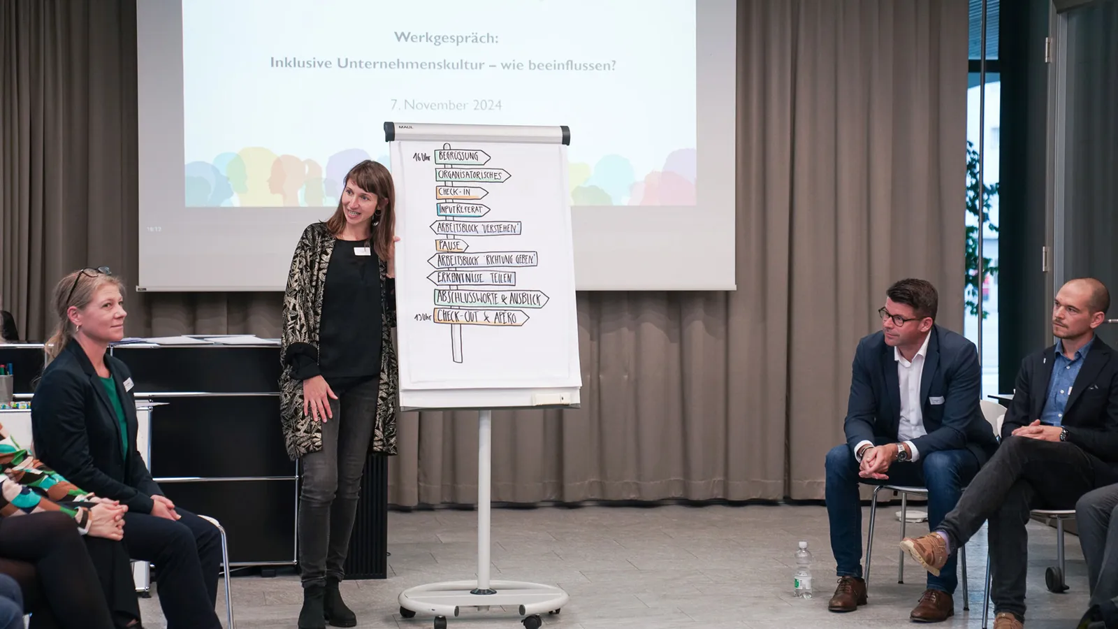 Frau präsentiert vor Flipchart mit Wegweiser-Symbolen in einem Workshop, umgeben von sitzenden Teilnehmern in einem Konferenzraum