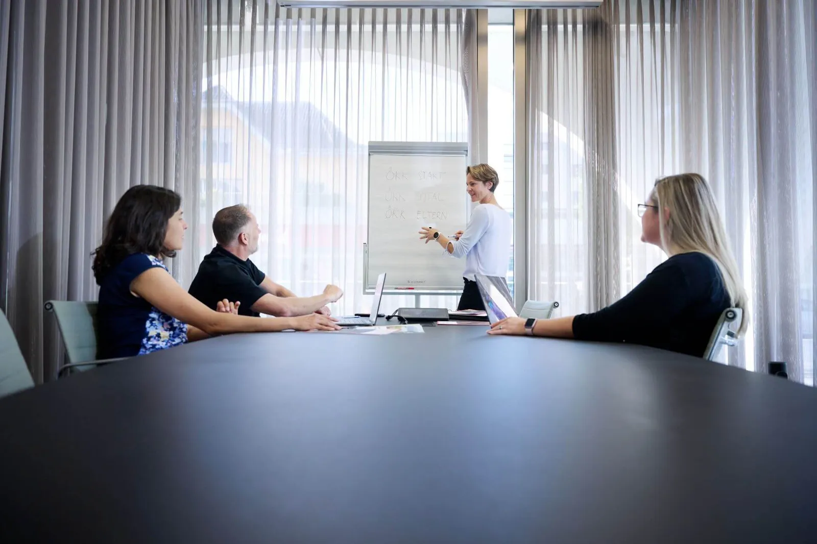 Drei Personen sitzen an einem Konferenztisch und hören einer stehenden Person zu, die vor einem Flipchart präsentiert.