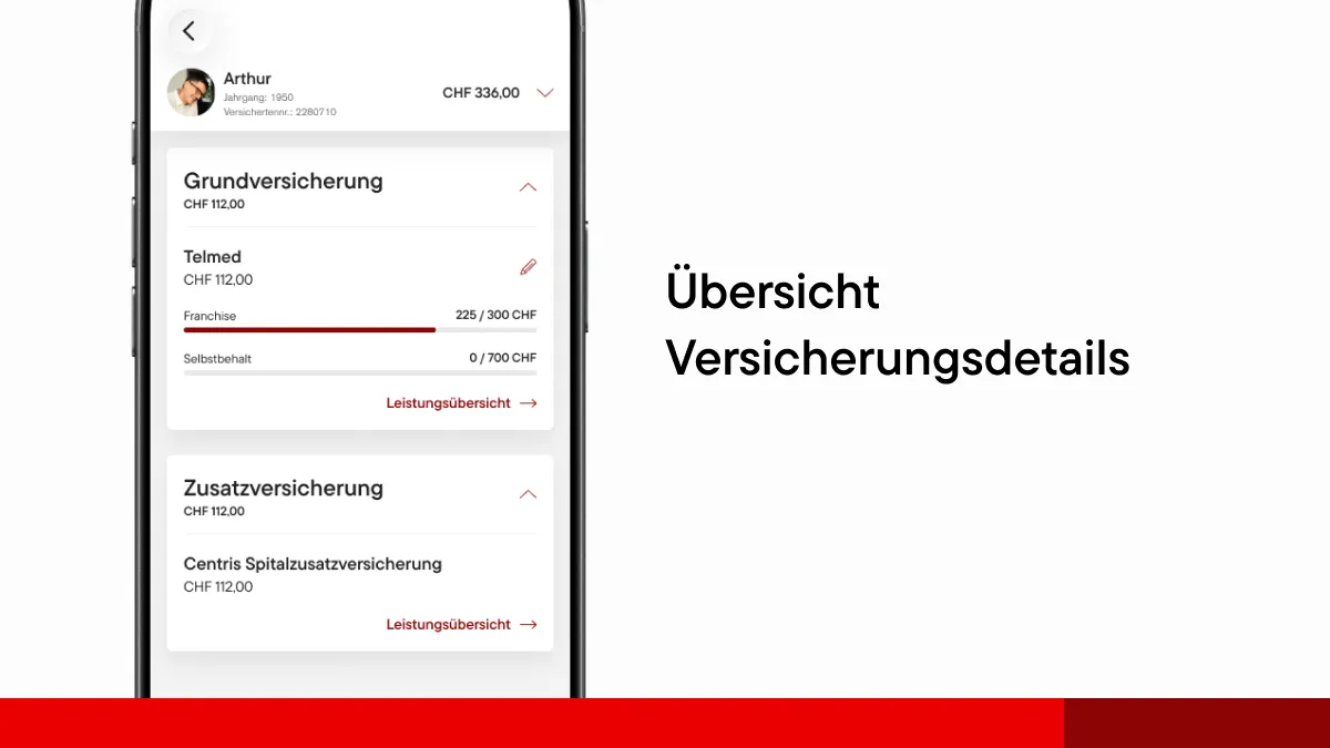 Smartphone mit einer Übersicht der Versicherungsdetails in der myÖKK App, inklusive Grund- und Zusatzversicherung sowie Angaben zu Franchise und Selbstbehalt.